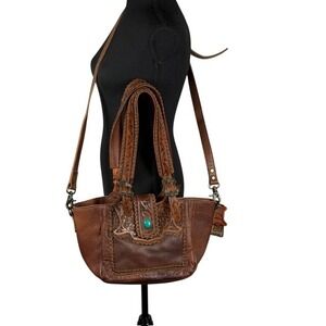 American Darling Brown Tooled Leather Western Tote Crossbody Bag Turquoise Stone